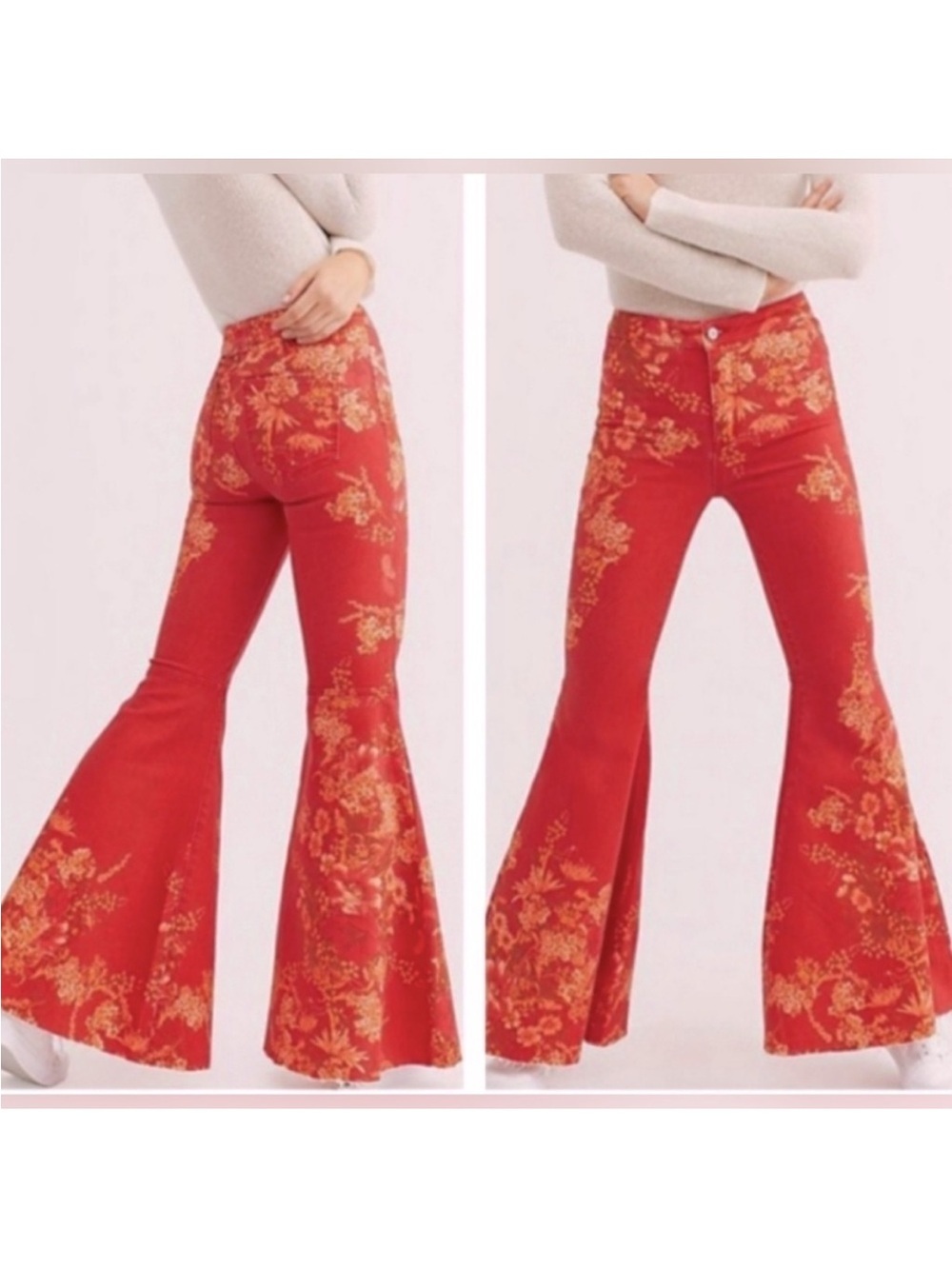 Free people Red Floral High-Waist Bell Bottom Pants